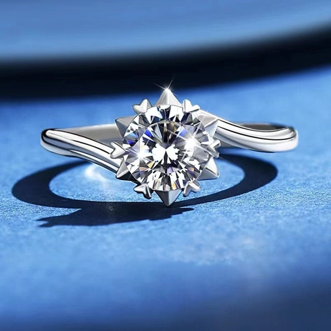 Élégante Bague en Cuivre Ajustable Flocon de Neige Avec Strass Rond Serti Couronne à Six Griffes Bijoux Mode Coréenne pour Femme Mariage