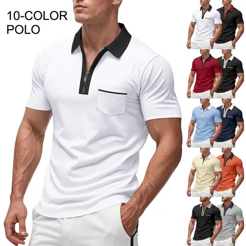 Men's Casual Business Polo Shirt Color Block Zipper Lapel Short Sleeve Knitted Polyester Top For Summer Office Golf
