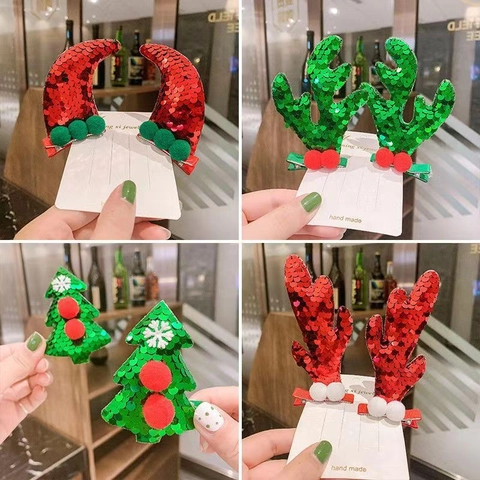 Noël Renne Bois Sapin Pinces À Cheveux Paillettes Pompon Bec De Canard Nœud Accessoires De Vacances Pour Enfants