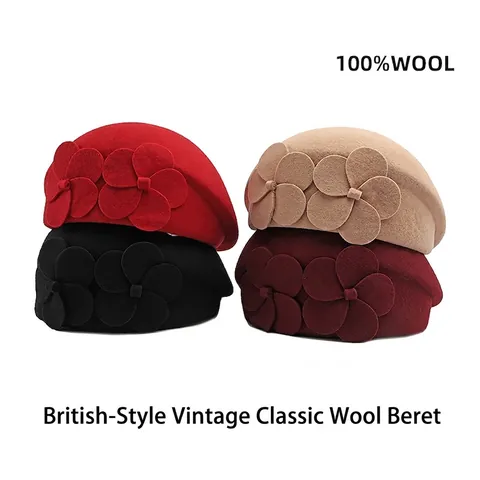 Women Wool Beret Hat Elegant Retro French Style Artist Painter Cap With Flower Decorations Winter Warm Headwear