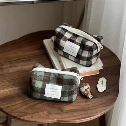 Trousse De Maquillage Vintage En Laine À Carreaux Petit Sac À Cosmétiques Avec Doublure En Toile Fermeture Éclair