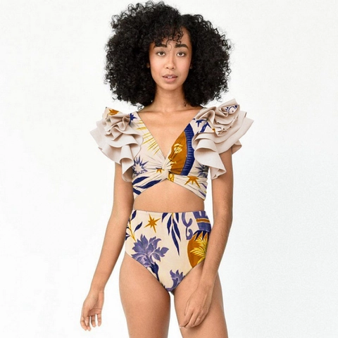 Top De Bikini Con Volantes Para Mujer Braguita De Talle Alto Y Falda Pareo A Juego Estampado Bohemio Playa Vacaciones