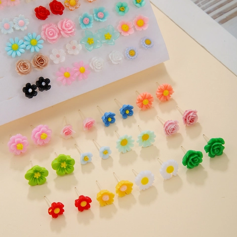 Mini Flower Stud Earrings Resin Sunflower Rose Daisy Colorful Plastic Jewelry For Women Girls