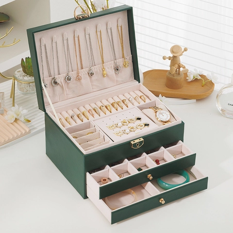 Large Multi-Layer Jewelry Box For Women Faux Leather Jewelry Organizer Storage Case With Lock For Earrings Rings Necklaces