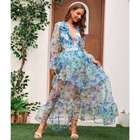 Women Floral Print Long Sleeve Swimsuit V Neck Ruffle Mesh Bathing Suit Beachwear