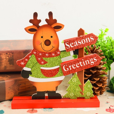 Decorazione Da Tavolo In Legno Di Natale Cartone Animato Babbo Natale Renna Pupazzo Di Neve Pinguino Ornamenti Da Tavolo Con Glitter