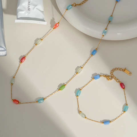 Halskette Und Armband 304 Edelstahl Bunte Kristallperlen Pvd Gold Beschichtet Minimalistisch Elegant Modisch Damen