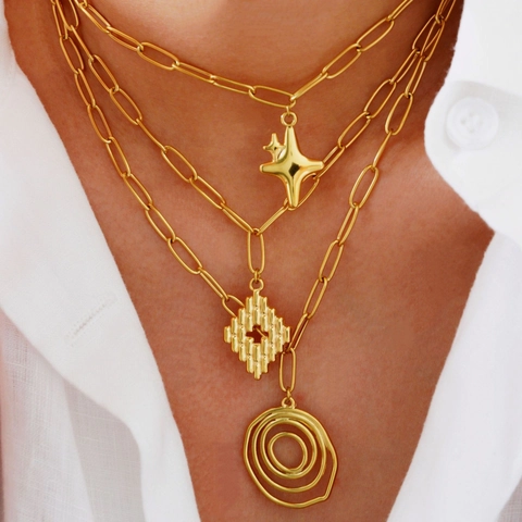 Collar Con Colgante Acero Inoxidable Chapado En Oro 14K Concha Piedra Natural Cadena Clip Estrella Luna Para Mujer