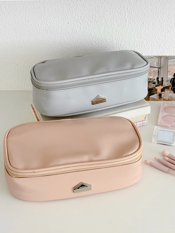 Rectangular Makeup Bag Waterproof PU Leather Cosmetic Organizer Travel Toiletry Case Solid Color Minimalist For Women