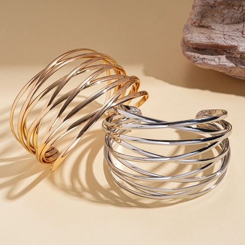 Multi Layer Open Manchet Armband Legering Metaal Geometrisch Breed Statement Mode Sieraden Voor Dames