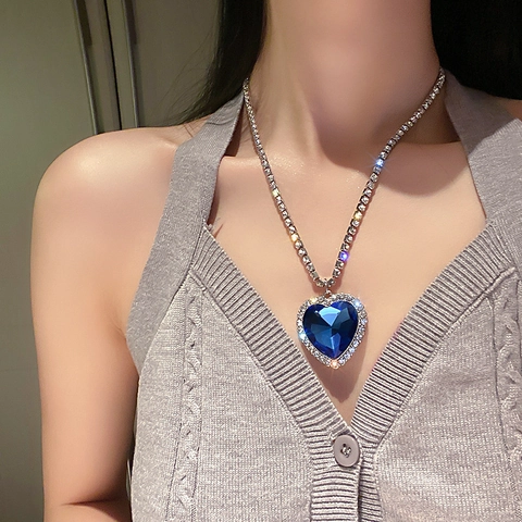 Blauer Herz Anhänger Halskette Legierung Strass Tennis Kette Elegante Mode Schmuck Für Frauen