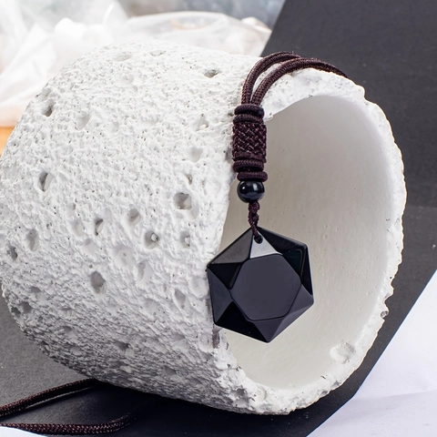 Star Von David Hexagramm Anhänger Halskette Obsidian Naturstein Handgewebtes Verstellbares Seil Vintage Schmuck Unisex