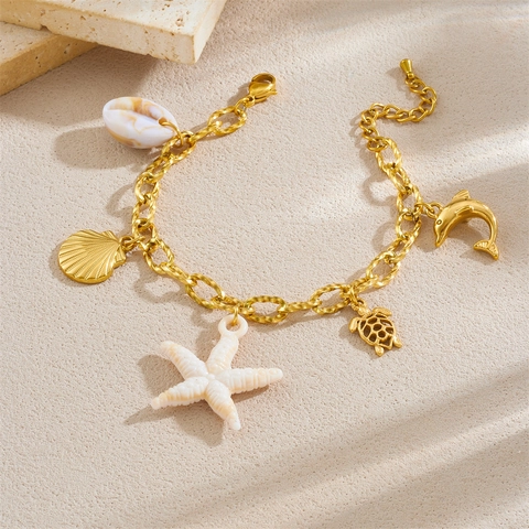 Stainless Steel Ocean Charm Bracelet Starfish Shell Turtle Dolphin Pendants Gold Thick Chain Summer Resort Jewelry Women
