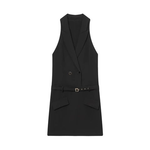 Vestido Blazer Sin Mangas Doble Botonadura Solapa Color Sólido Con Cinturón Elegante Mini Vestido Mujer