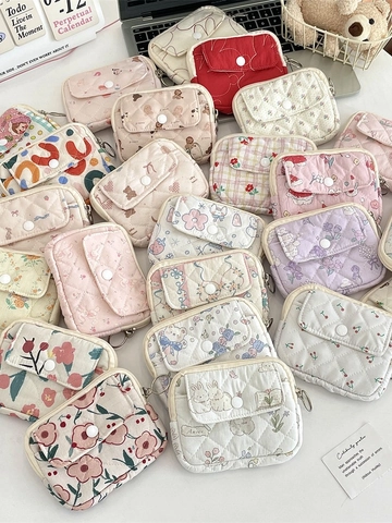 Floral Quilted Coin Purse Mini Storage Bag With Metal Ring Cartoon Animal Patterns Portable Card Earphone Organizer