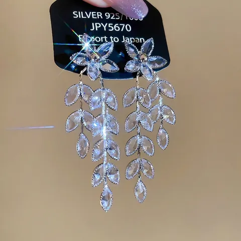 Blumen Blatt Quaste Lange Tropfenohrringe Damen Luxus Zirkon Kupfer Mit 925 Sterling Silber Ohrstecker