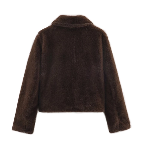 Kunstpelz Jacke Damen Kurz Winter Plüschmantel Langarm Revers Reißverschluss Streetwear Einfarbig Warm Braunes Outerwear