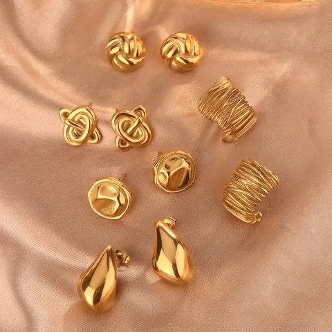 Pendientes De Botón De Acero Inoxidable Chapado En Oro De 18K Irregular Geométrico Arrugado Gota De Agua Minimalista Mujer