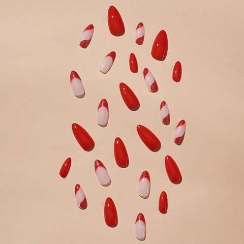 Uñas Postizas A Presión Con Rayas Rojas Y Purpurina Forma De Almendra Largas Brillantes Para Mujeres