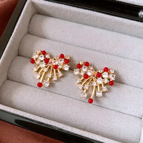 Elegant Bow Knot Stud Earrings Copper 14K Gold Plated Zircon Red Resin Bead Retro Jewelry With Silver Earring Post