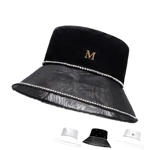 Damen Stilvoller Fischerhut Satin Netz Patchwork Strass M Buchstaben Dekor Atmungsaktiv Sommer Sonnenschutz Reise Kappe