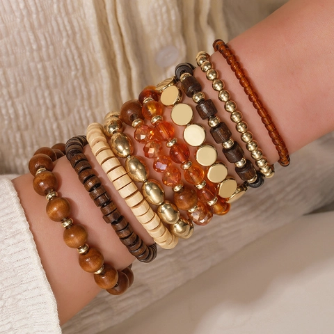 Braccialetti Multistrato Con Perline Boemia Legno Resina Metallo Elastici Gioielli Stile Etnico Vintage Accessori Donne
