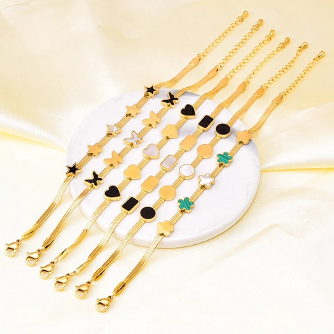 Set Collana E Bracciale In Acciaio Inossidabile Placcato Oro Catena Serpente Piatta Ciondoli Cuore Farfalla Stella Trifoglio Donna