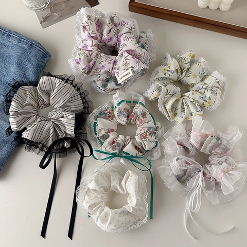 Chouchous Élégants En Dentelle Satin Floral Nœud Ruban Élastiques À Cheveux Queue De Cheval Style Coréen Pour Femmes