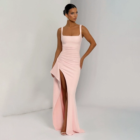 Vestito Lungo Con Spalline Sottili Per Donna Schiena Scoperta Spacco Alto Scollo Quadrato Abito Da Sera Elegante Tinta Unita