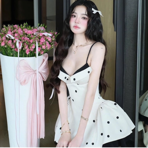 Vestido Corto De Tirantes Con Lunares Para Mujer Estilo Francés Dulce Sexy Cintura Alta Ajuste Delgado Poliéster