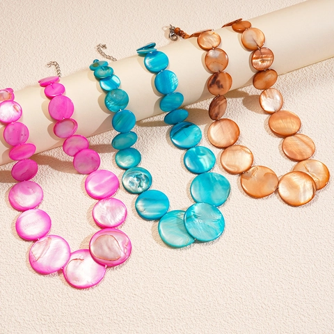 Bohemian Shell Beaded Necklace Round Gradient Alloy Choker For Women Beach Vacation Vintage Chic Handmade Jewelry