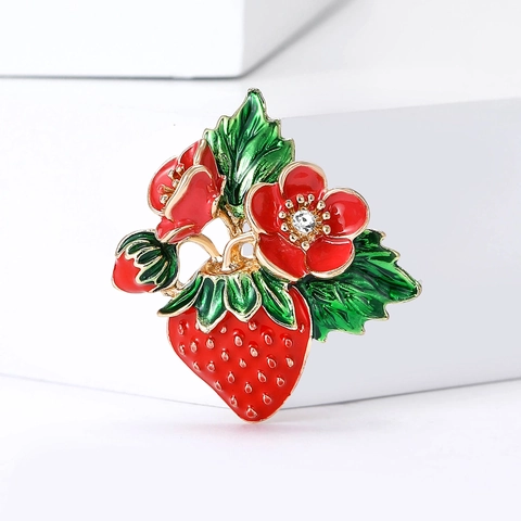 Broche De Fresa Para Mujeres Aleación Esmalte Fruta Flor Cristal Moda Joyería Accesorio