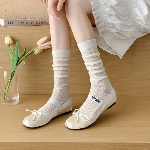Women Knee High Slouch Socks Ballet Style Thin Mesh Breathable Ribbed Cotton Blend Solid Color Long Stockings Trendy