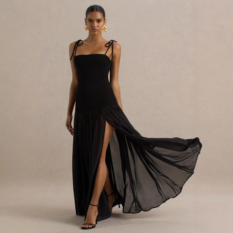 Abito Maxi Con Corpino Arricciato E Spalline Da Annodare Con Spacco Alto Elegante Tubino Lungo Senza Maniche Da Donna