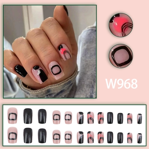 Press On Nails Glossy Black Nude Pink Geometric Line Heart Design Square Head Artificial Fake Finger Nails For Women