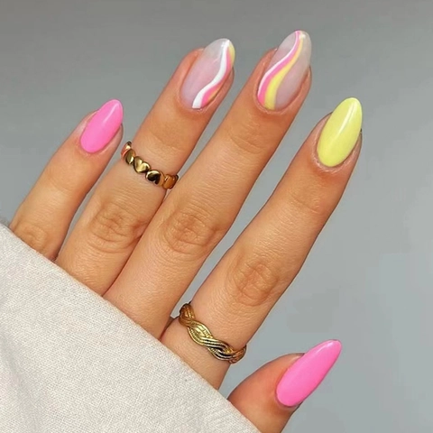 Press On Nagels Roze En Gele Golf Design Glanzend ABS Rond Ovaal Kunstmatige Valse Nagels Voor Vrouwen