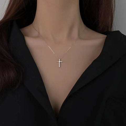 Collar con Colgante de Cruz de Plata de Ley 925 Minimalista Cadena de Eslabones Delicada Pulida para Mujer Joyería de Moda Diaria