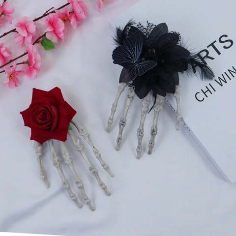 Halloween Skelet Hand Roos Haarklem Gothic Punk Retro Party Kostuum Accessoire Voor Vrouwen Plastic Kant Bloem