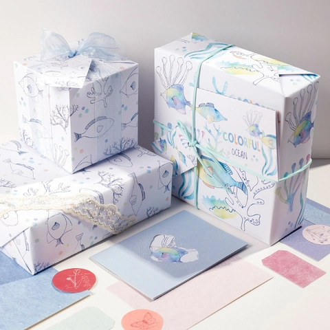 Ocean Theme Gift Wrapping Paper White Kraft Paper With Colorful Watercolor Fish Coral Patterns For Holiday DIY Crafts
