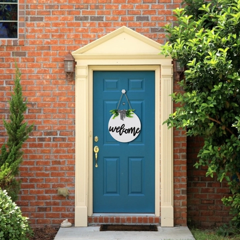 Targa Per Porta In Legno Rotonda Welcome Hello Con Fiocco In Iuta Verde Artificiale Decorazione Rustica