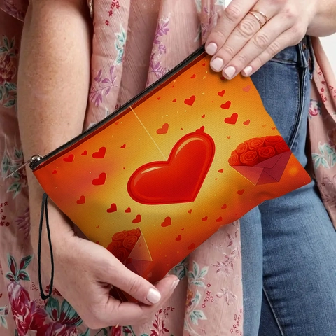 Romantic Heart Print Makeup Bag Fine Linen Zippered Cosmetic Pouch Portable Travel Organizer For Women Valentines Gift