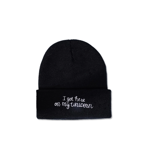 Acrylic Knitted Beanie Hat Warm Winter Cuffed Cap White Unicorn Lettering Embroidery Fashion Simple Unisex Black