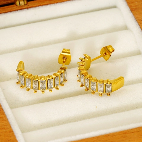 Baguette Zirkon C-Form Creolen Für Damen 18K Vergoldet Edelstahl Geometrische U-Form Minimalistischer Schmuck