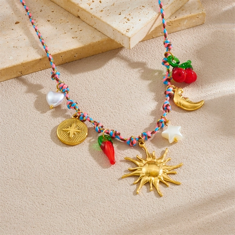 Collier Corde Tressée En Acier Inoxydable Plaqué Or Soleil Lune Étoile Cœur Piment Cerise Multi Pendentif Bijoux Bohèmes