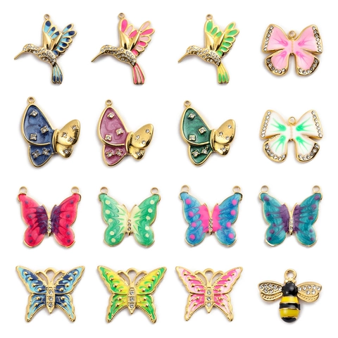 Butterfly Bee Hummingbird Charms Stainless Steel Enamel Rhinestone DIY Jewelry Making French Vintage Pendant Women