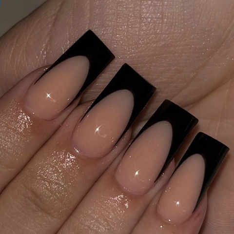 Unghie A Pressione French Rosa E Nero Lucido Glitter Fini Forma Quadrata Lunga Unghie Finte Kit Per Manicure