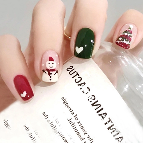 Uñas Postizas De Navidad Muñeco De Nieve Árbol Corazón Cortas Redondas Brillantes Uñas Artificiales Manicura Festiva Mujeres