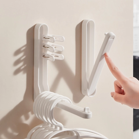 Wall Mounted Folding Clothes Hanger Storage Rack No-Drill Plastic Space Saving Organizer For Home Bathroom Laundry Room White