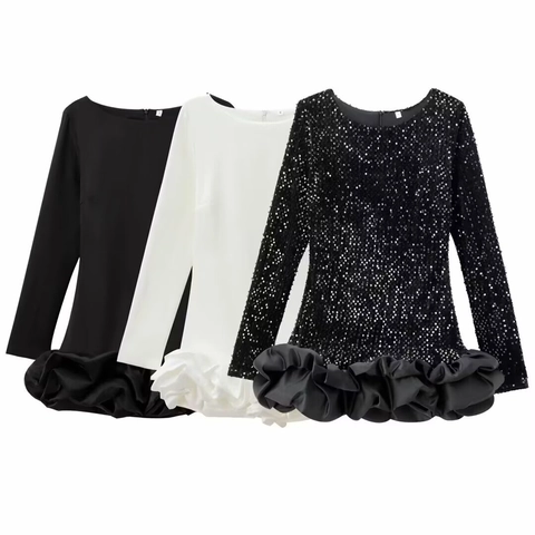 Elegantes Mini-Kleid Pailletten Satin Langarm Rundhalsausschnitt Ballon-Saum Rüschen Party Abend Einfarbig Damen Mode