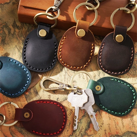 Retro Genuine Crazy Horse Leather Key Holder Case For Airtag Access Card Handmade Stitching Brass Keychain
